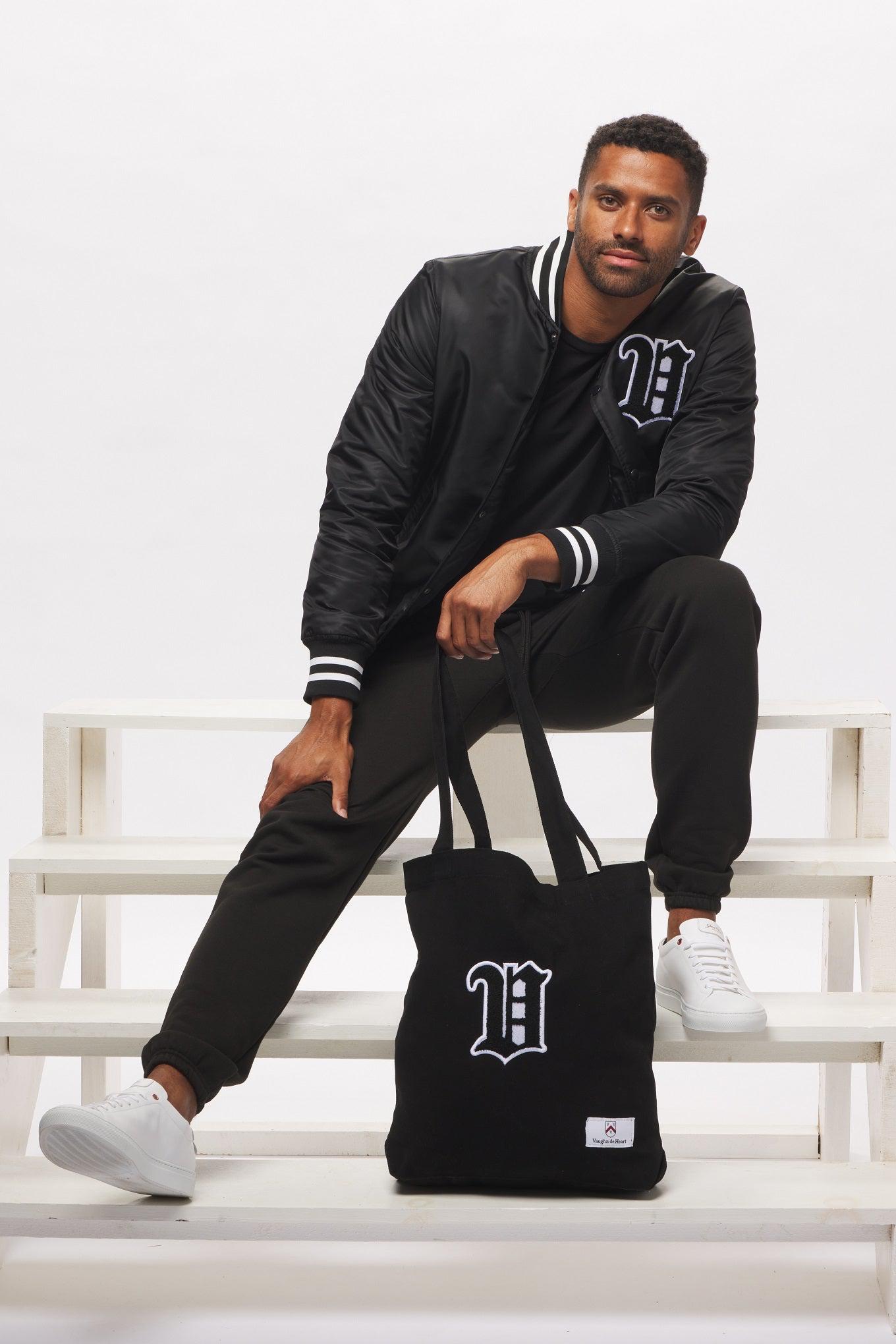 Men's - House of V - Black Varsity Chenille Patch Heavyweight Canvas Tote Bag-Vaughn de Heart