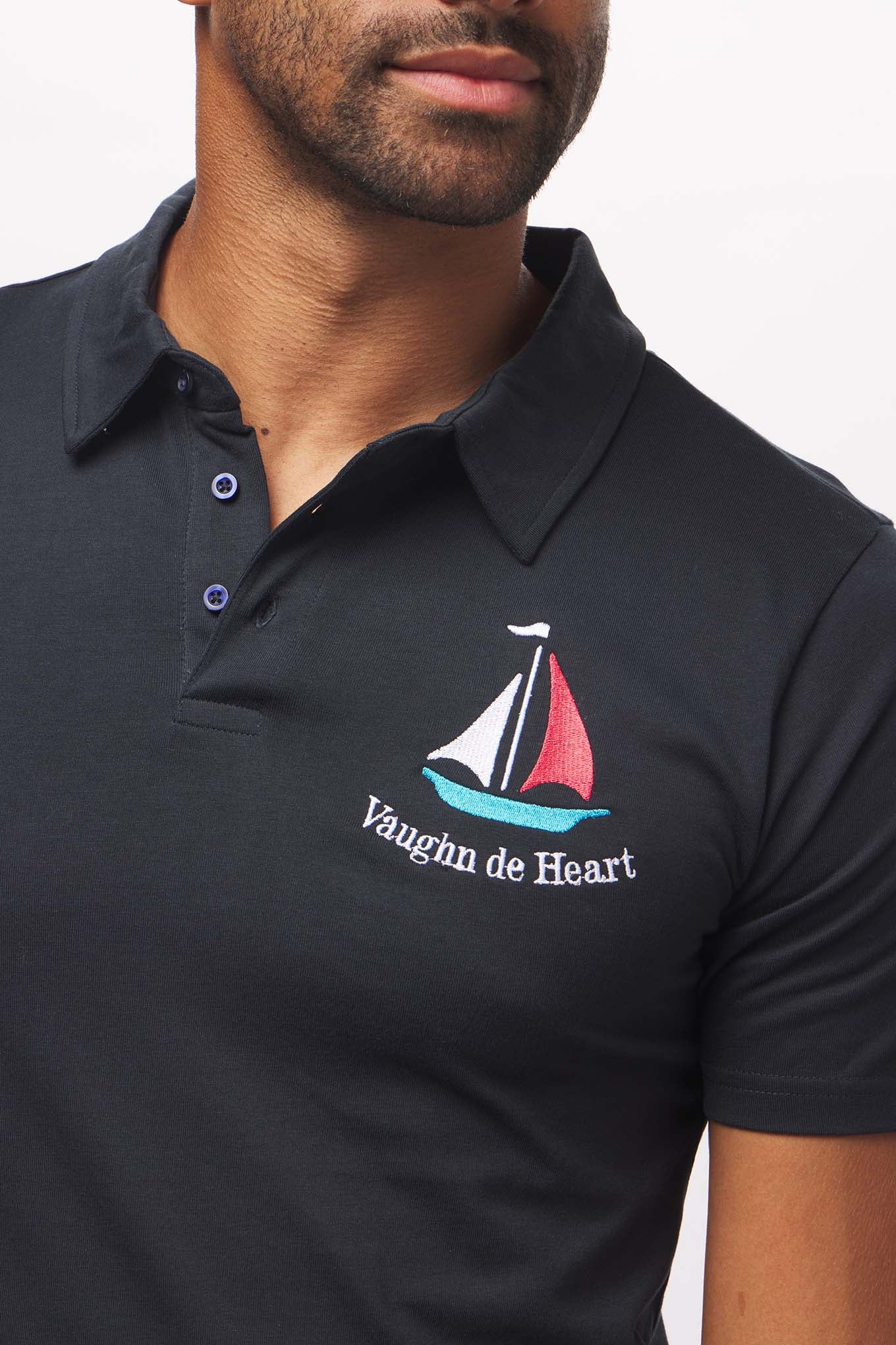 Men's - Voilier - Navy Blue Sailboat French 3 Button Polo-Vaughn de Heart