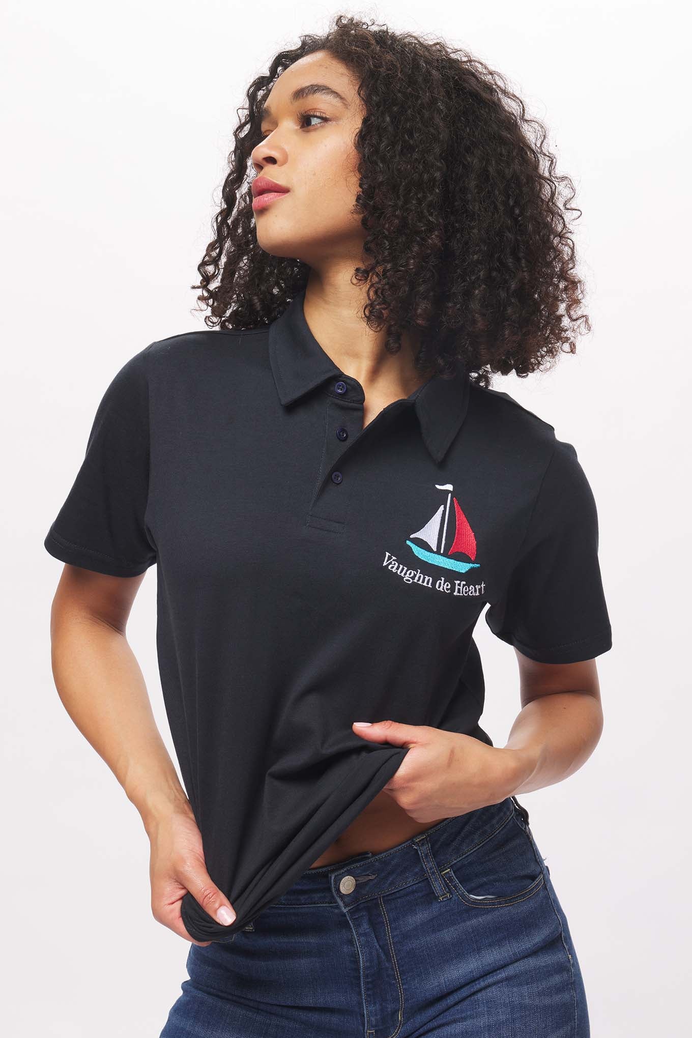 Women's - Voilier - Navy Blue Sailboat French 3 Button Polo-Vaughn de Heart