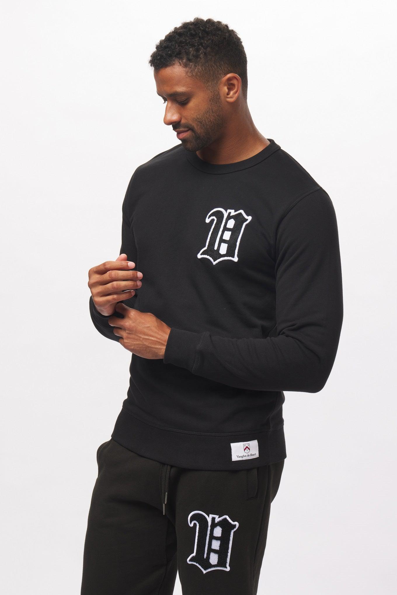 Men's - House of V - Black Varsity Chenille Patch Crew Neck Sweater-Vaughn de Heart