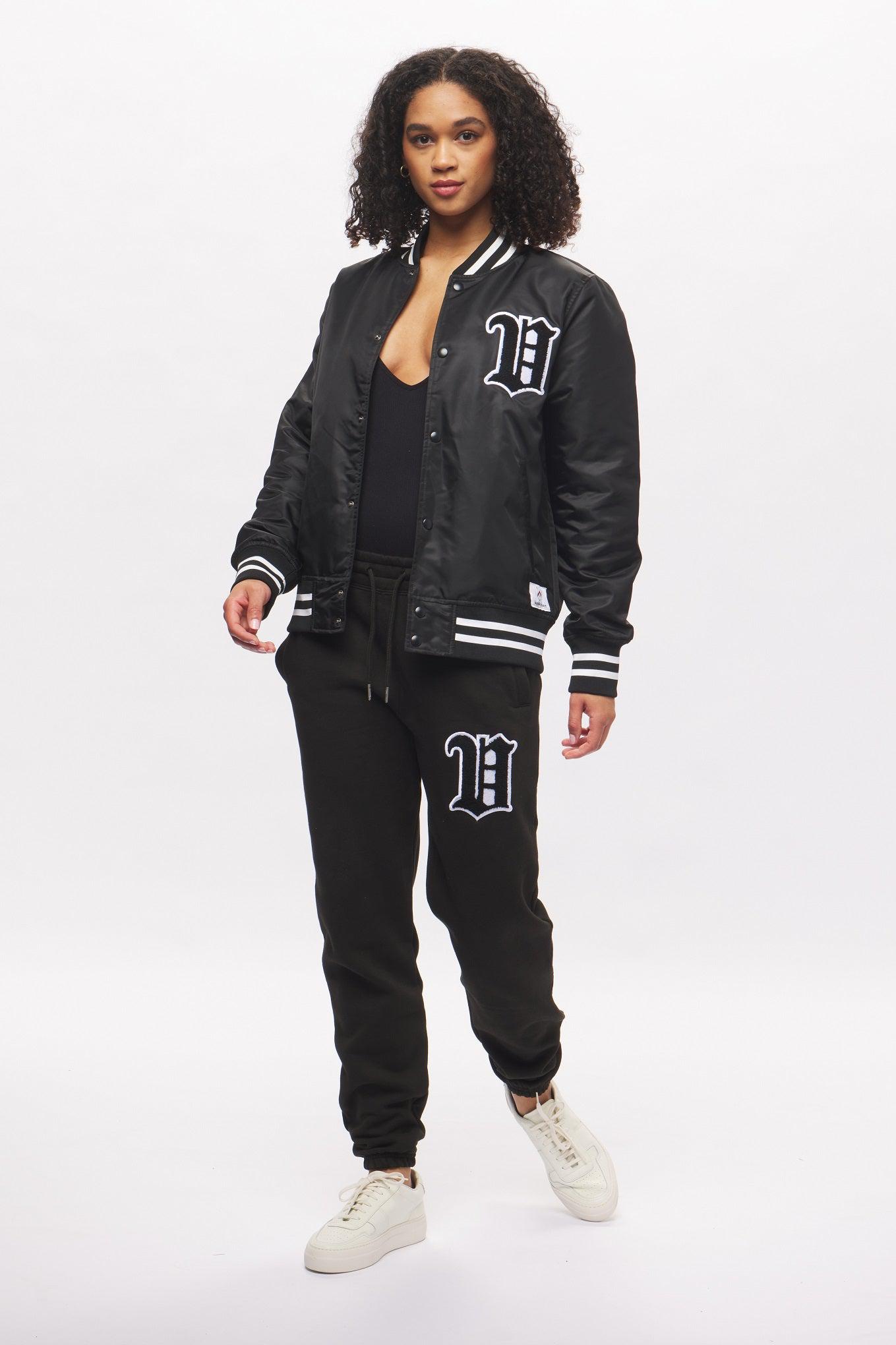 Women's - House of V - Black Varsity Chenille Patch Nylon Varsity Jacket-Vaughn de Heart