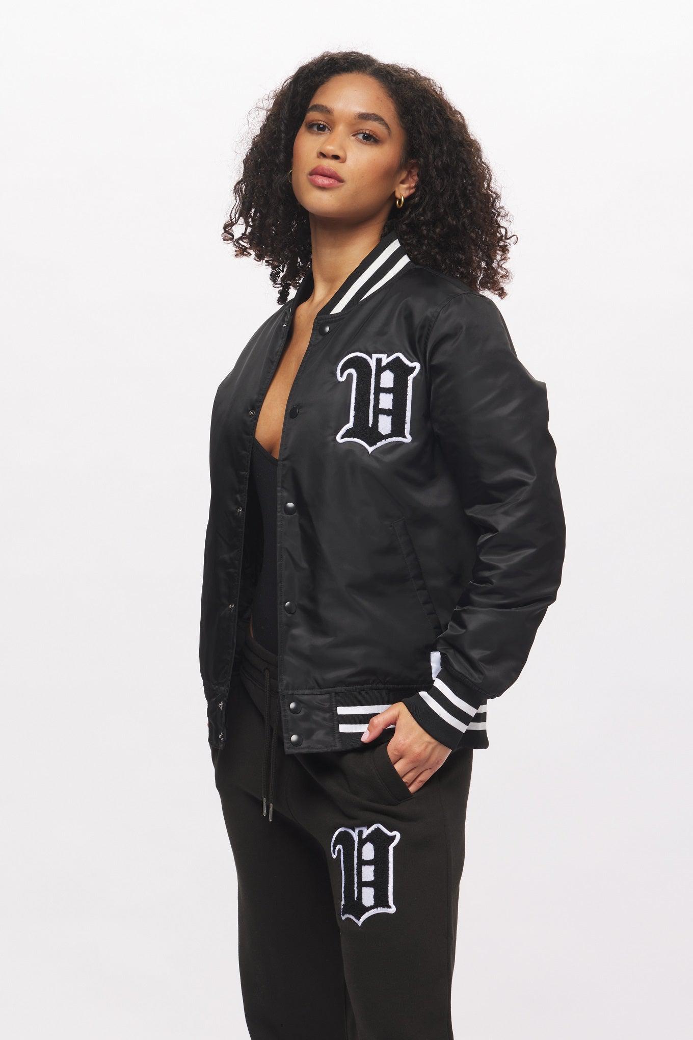 Women's - House of V - Black Varsity Chenille Patch Nylon Varsity Jacket-Vaughn de Heart