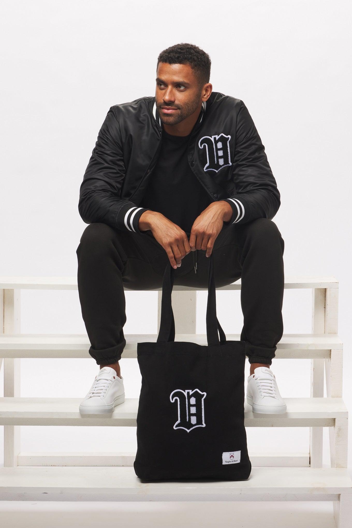 Men's - House of V - Black Varsity Chenille Patch Heavyweight Canvas Tote Bag-Vaughn de Heart