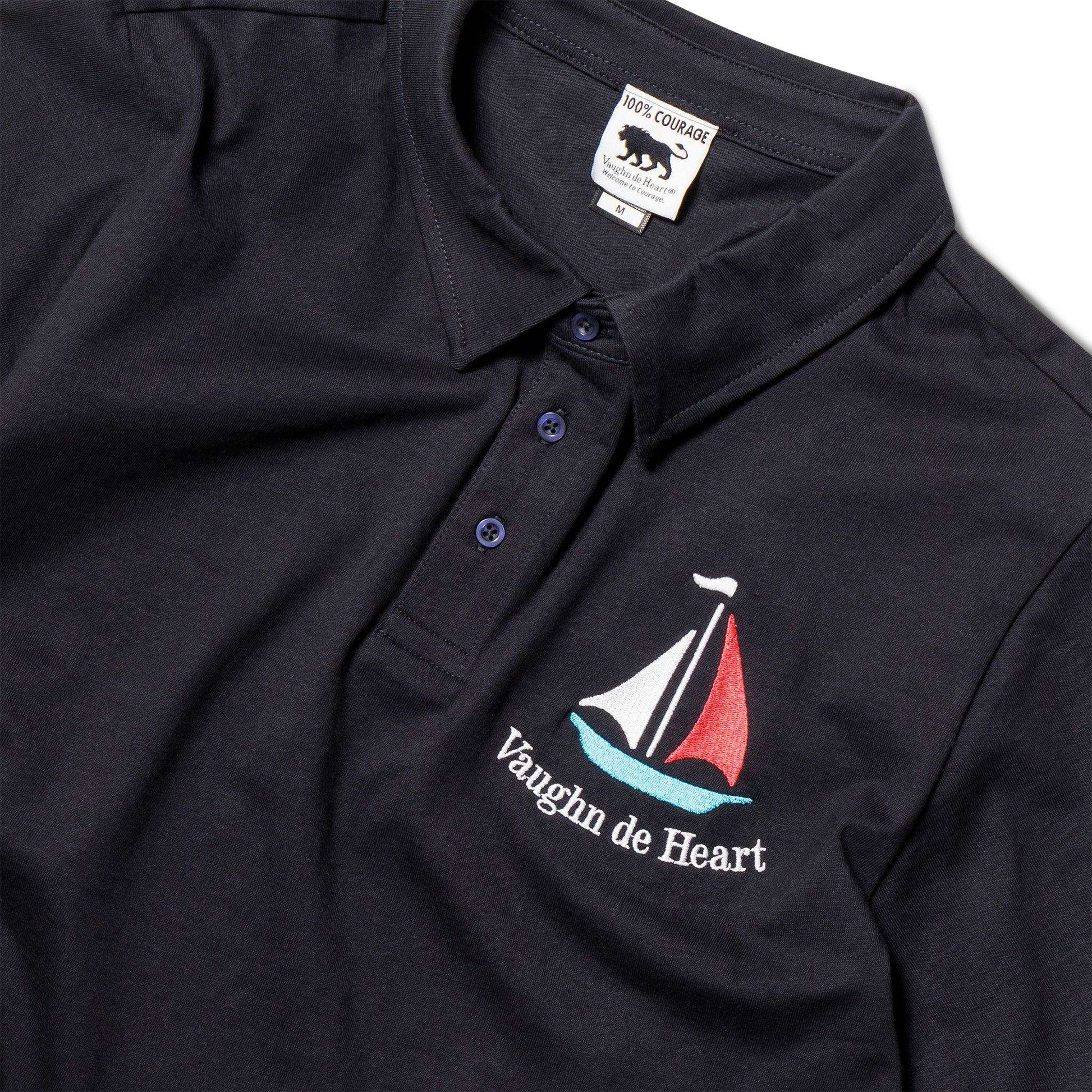 Men's - Voilier - Navy Blue Sailboat French 3 Button Polo-Vaughn de Heart