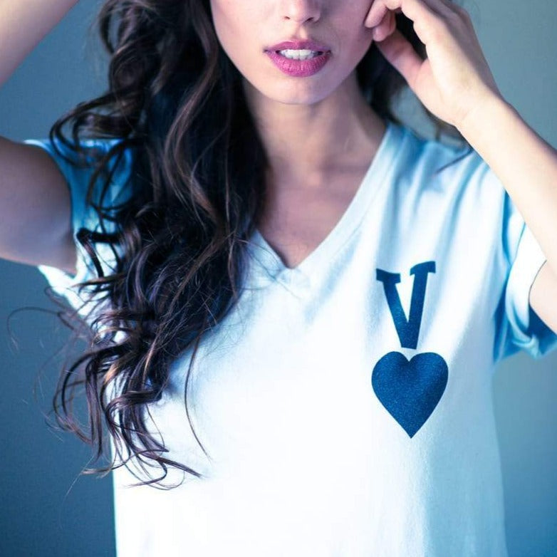 Women's - Vaughn Card Light Blue V-Neck T-Shirt-Vaughn de Heart